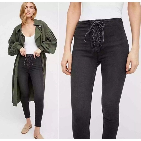 Free People Denim - Free People High Waist Lace up Skinny Jeans Distressed Black Size 24 Inseam 26"